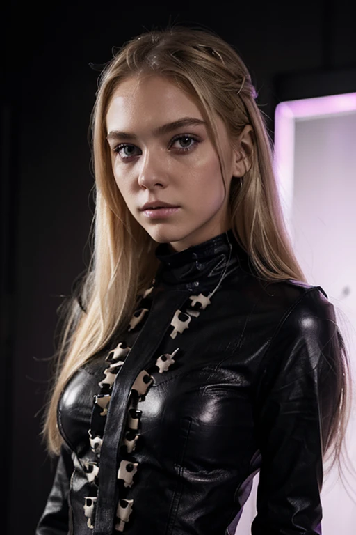 1girl, blond girl, long hair, purple light eyes, half on her body is made of bones, Gloomy expression，She has half a beautiful face，The other half of the face is scale and bones, black leather clothes, lot of bones on her face