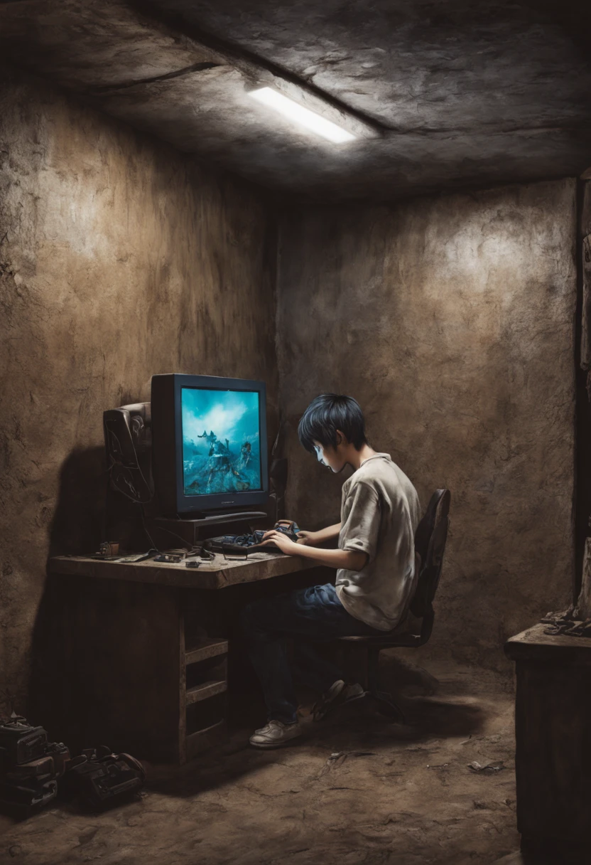 Detailed underground burrow made of earthy tones, manga kpop boy playing playstation, intricate features, immaculate surrounds and details, interesting colors, facing the television, intricate details, HDR, beautifully shot, hyperrealistic, sharp focus,  megapixels, perfect composition, high contrast, cinematic, atmospheric, moody