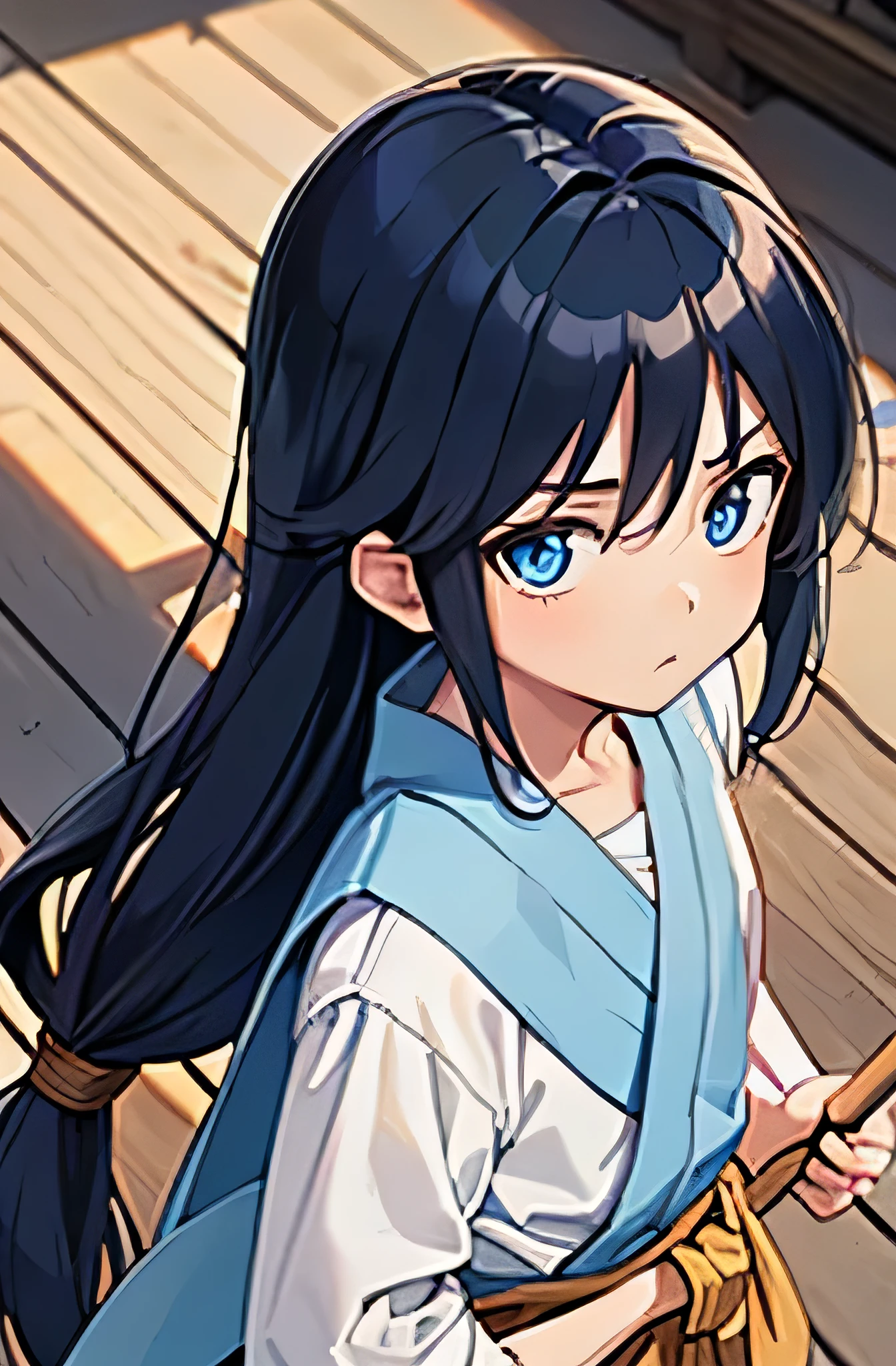 (one ??? boy), anime style, masterpiece, (blue long hair), (blue eyes), (dark circles under the eyes), ((dressed in a potato sack, a wooden bokken in hand)), (background of a poor village), kawai face, ((((wooden bokken)))), 12 years