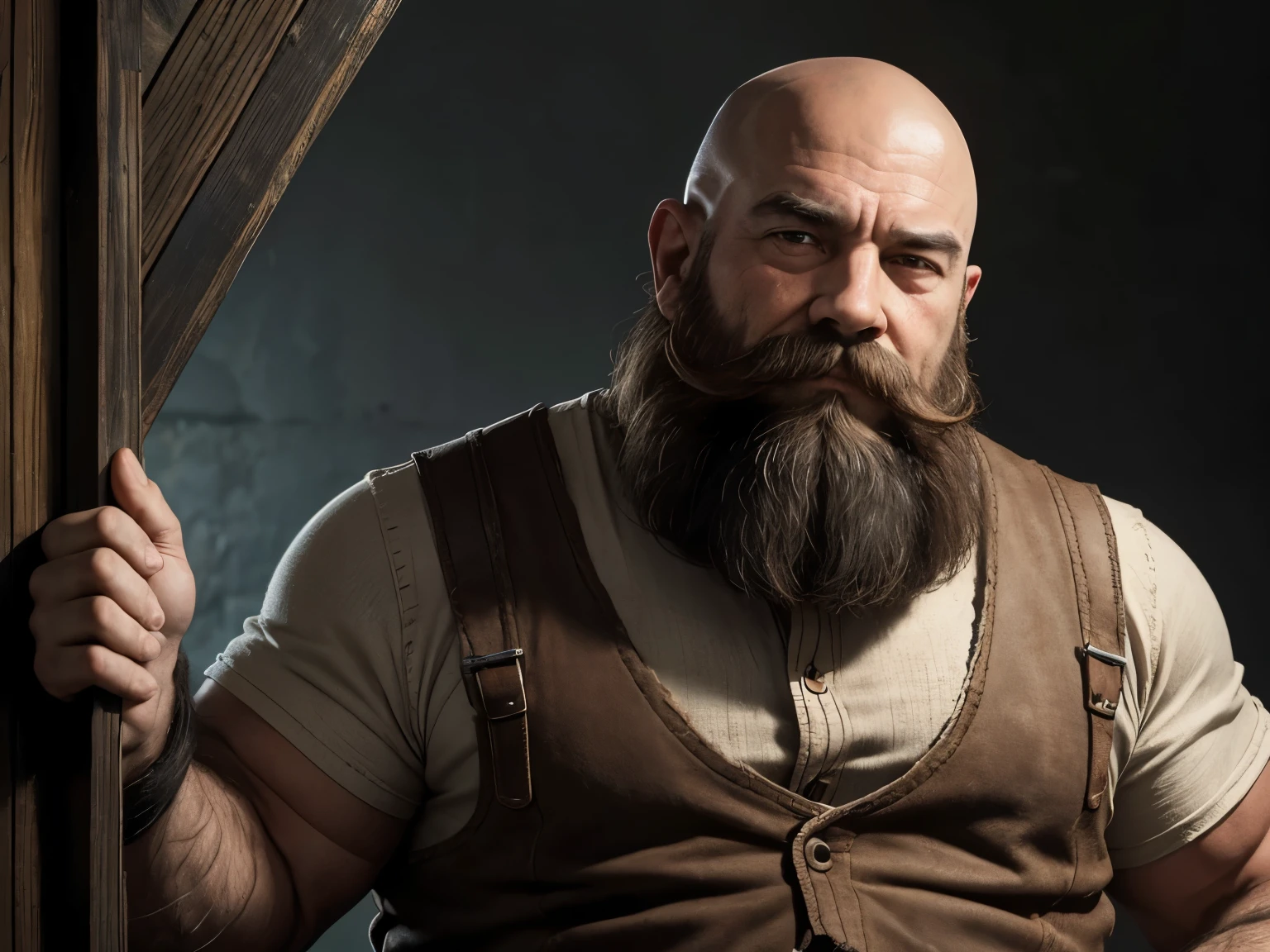 Draw me a portrait of a short and burly elder Dwarf with a chest-length scruffy red beard that stretches and covers his chest and part of his belly area and, bald head. Mustache with two pleats finely taken care of. He wears common clothing, a little tattered here and there with patches to cover the holes, and wears mining boots and gloves. His face looks seasoned, spending years mining, he's a bit rugged, with scars on his face, leathery skin, with deep-set aged wrinkles