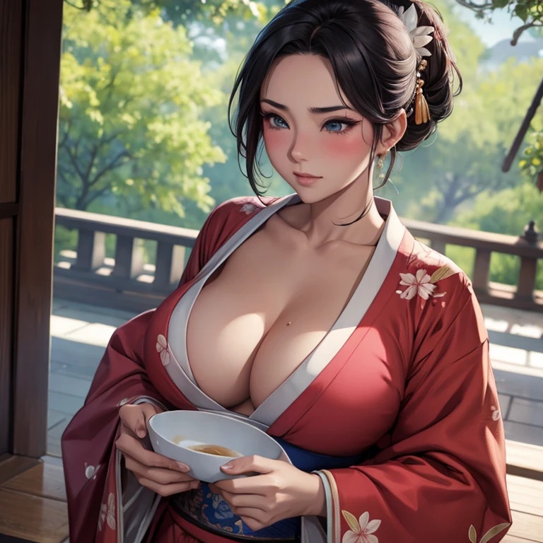 Blushing warrior Mulan in a kimono, Beautiful breasts