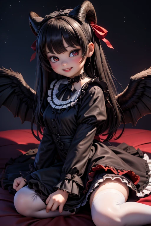 Ultra-realistic 8k CG, masterpiece, best quality, (photorealistic:1.4), absurdres, extremely detailed, real hair, life-like, horror scene, dark setting, cute girl smiling, red lipstick, red smokey eyes make up, showing fang, black hair, (((youth dress))), ((white nylons)), black (((Lolita pumps))), tail, black wings, devil horns, looking at viewer, lying in front of viewer, night sky