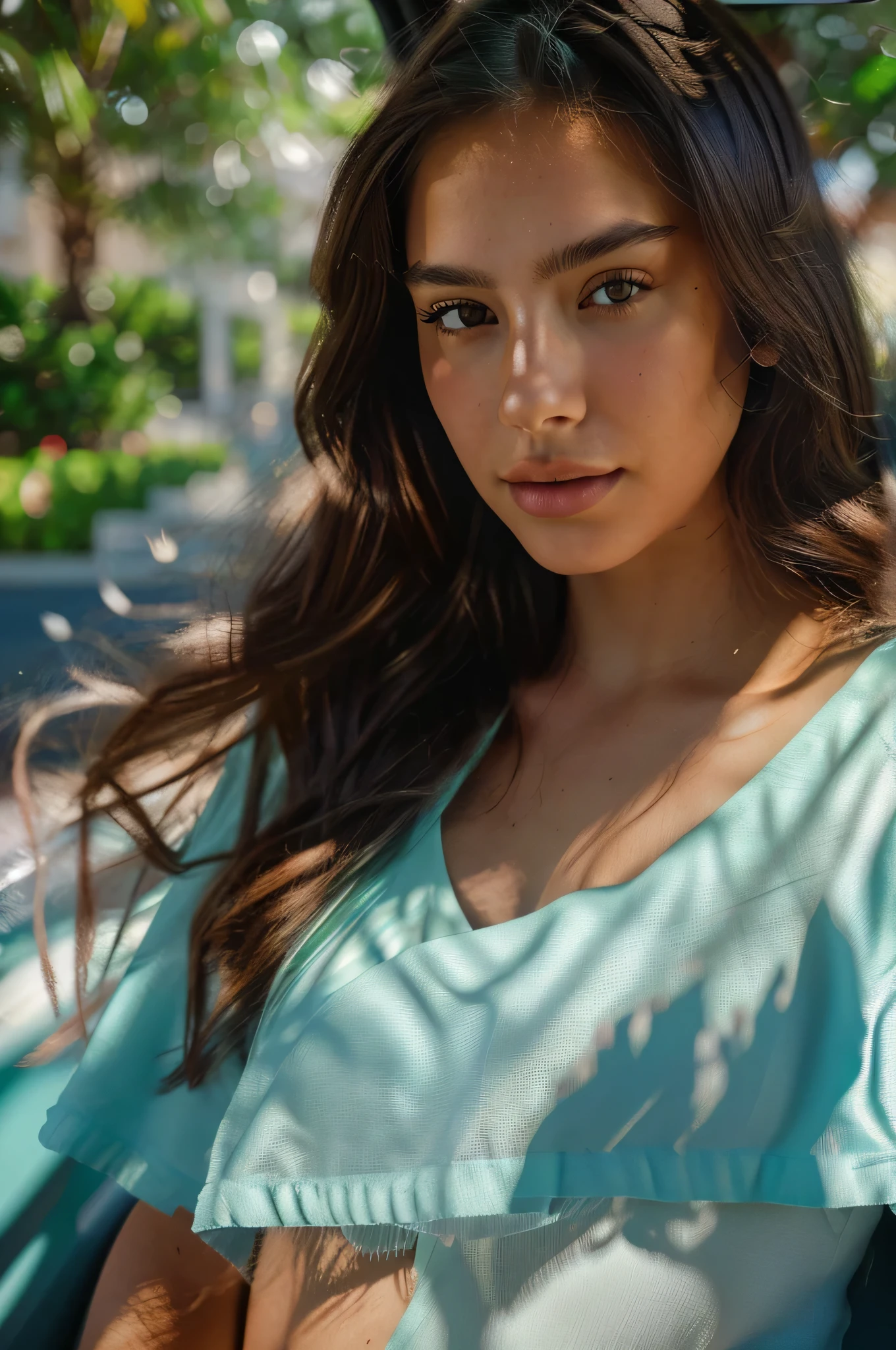 1 girl, masterpiece, best quality, high resolution, 8K , HDR, bloom, sun light, raytracing , detailed shadows, intricate shadow, bokeh, depth of field, film photography, film grain, glare, (wind:0.8), detailed hair, beautiful face, beautiful girl, ultra detailed eyes, cinematic lighting, (hyperdetailed:1.15), car backseat