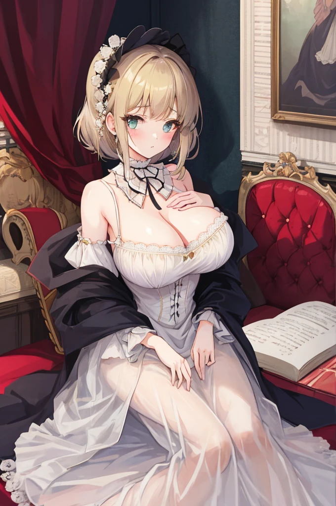 A woman with big ,Young princess,victorian style,clavicle,Lower chest,Transparent nightdress,((shaved_pussy)),Confused,