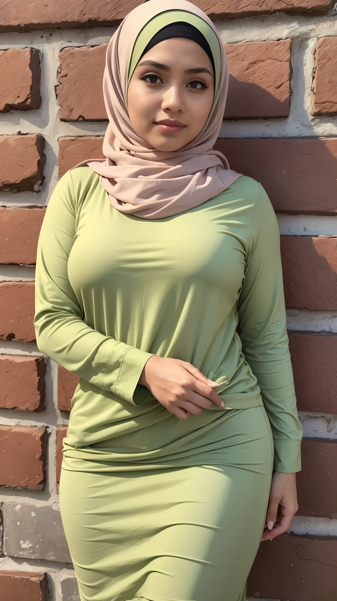 RAW, (Best quality, high resolution, work: 1.3), Beautiful Malay woman in hijab, fit body, Big breasts, Beautiful big eyes, Soft smile, beautiful face, slightly open mouth, thick thighs, beautiful girl, beautiful bustock, detailed face,woman standing in front of a brick wall, wearing a light green, beige shirt, hijab, smooth in _ the background, 🤤 girl portrait, instagram picture, casual pose, outfit photo, 😭 🤮 💕 🎀 . perfect lighting