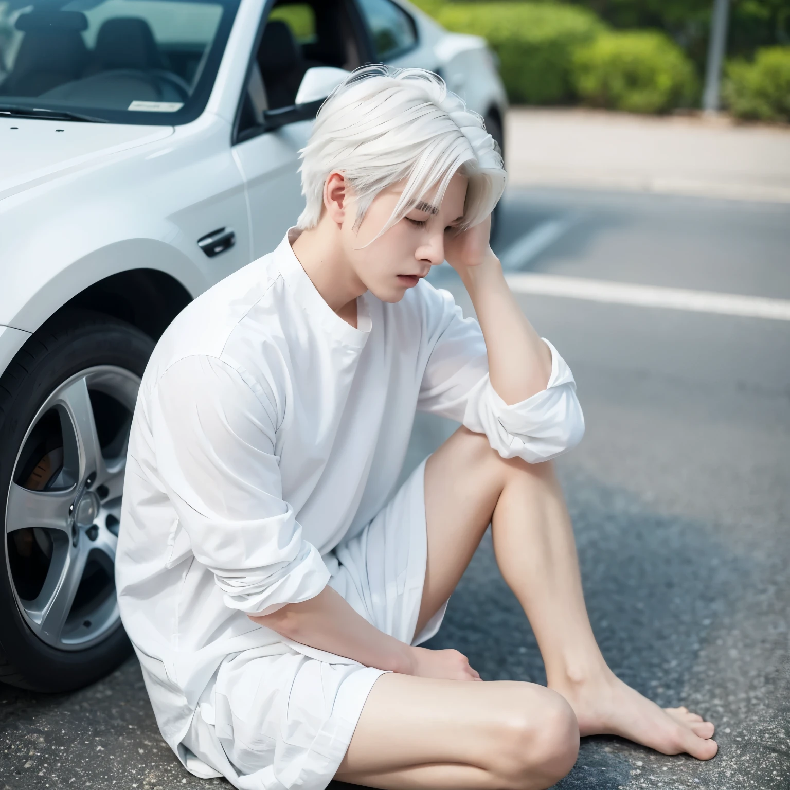 A cute and charming boy，white hair，wearing white shirt，he looks sad，barefoot，Sitting on the ground crying。Blushing gradually rises，Shy, But very handsome。The picture style is fresh and simple，Rendered like a comic，The camera is shown as a distant view，（anime style+Soft and cute） - car