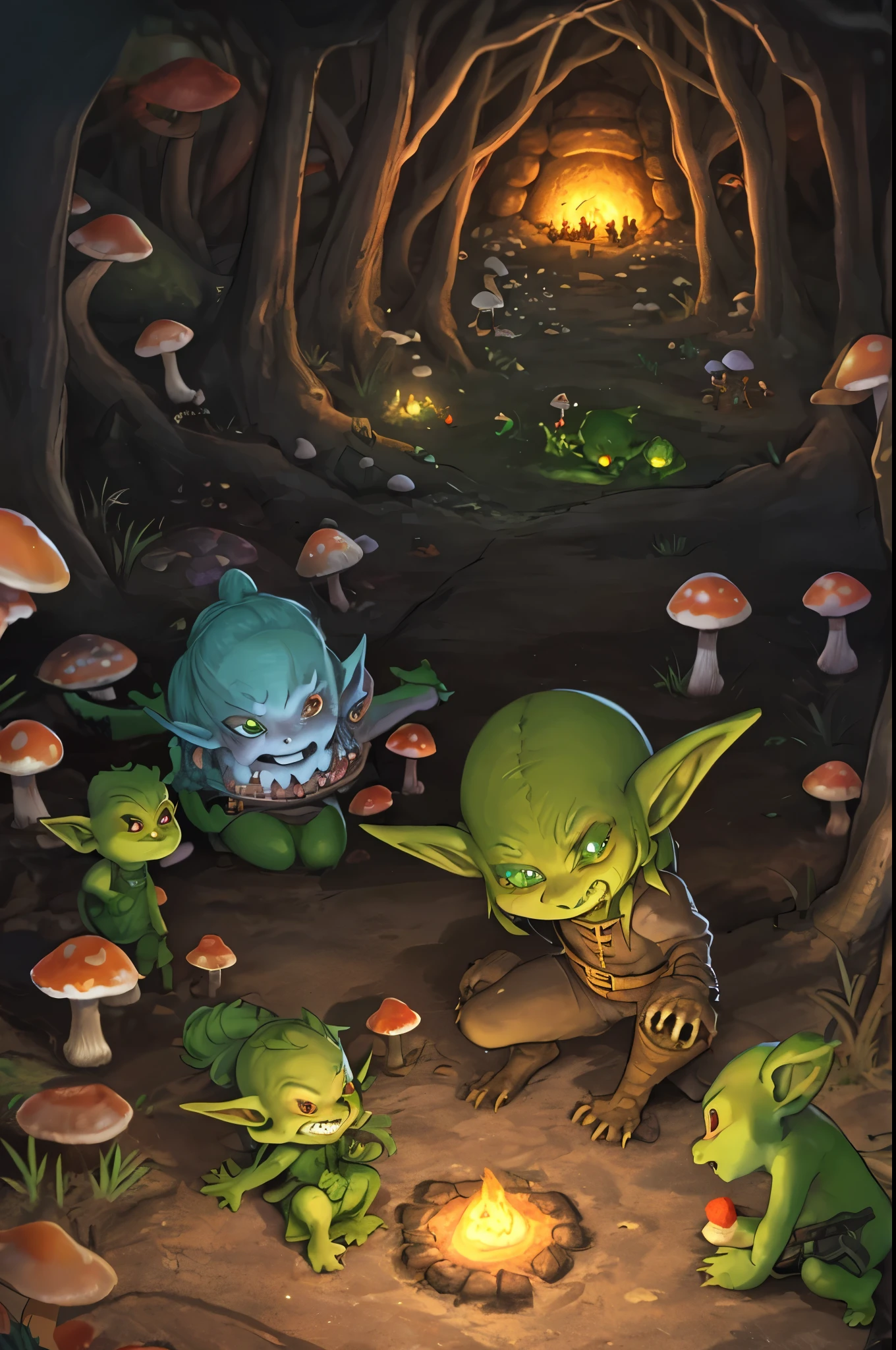 A goblin lair deep underground lit by glowing mushrooms, several very feral goblins chew on the bloody remains o an elf they killed. Bones litter the ground