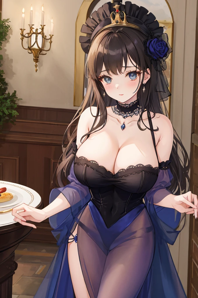 A woman with big ,Young princess,victorian style,clavicle,Lower chest,Transparent nightdress,((shaved_pussy)),Confused,at the banquet,