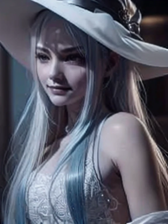 最好的质量, 杰作, 超高分辨率, 超级漂亮的脸, girl, blue hair, white hair, hair spread out, hair over shoulder, long hair, demon horns, witch hat, light smile, evil smile, torogao, smug, anime, anime style