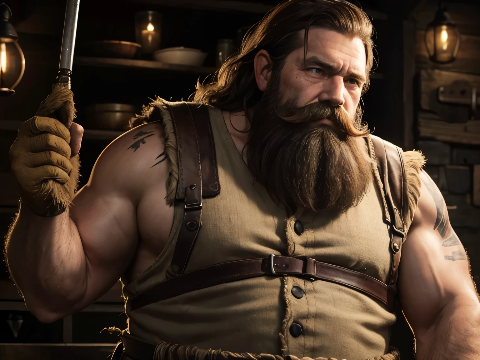 A short and burly elder Dwarf with a chest-length scruffy red beard that stretches and covers his chest and part of his belly area. Mustache with two pleats finely taken care of. He wears common clothing, a little tattered here and there with patches to cover the holes, and wears mining boots and gloves. His face looks seasoned, spending years mining, he's a bit rugged, with scars on his face, leathery skin, with deep-set aged wrinkles.