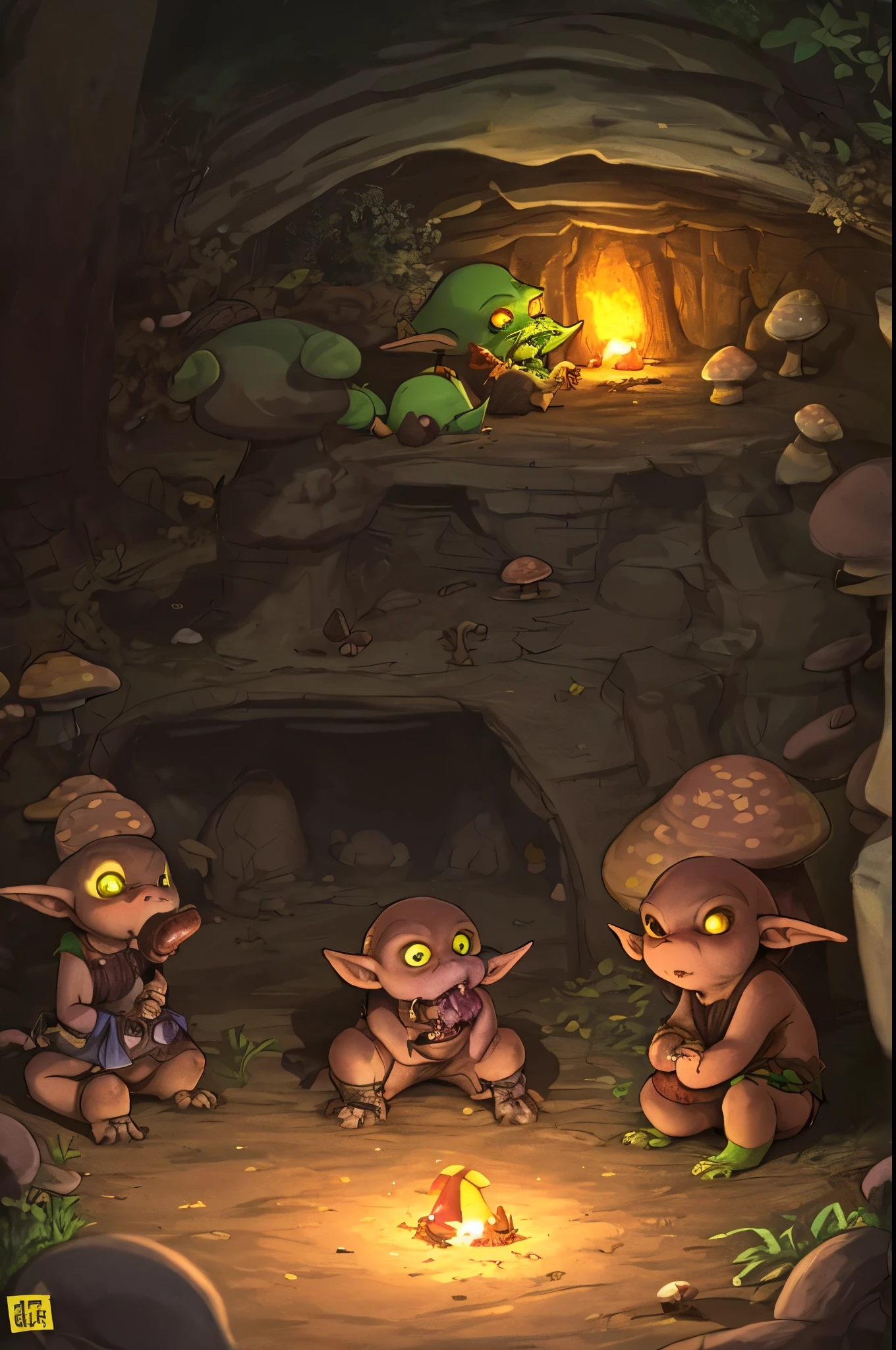 A goblin lair deep underground lit by glowing mushrooms, several very feral goblins chew on the bloody remains o an elf they killed. Bones litter the ground