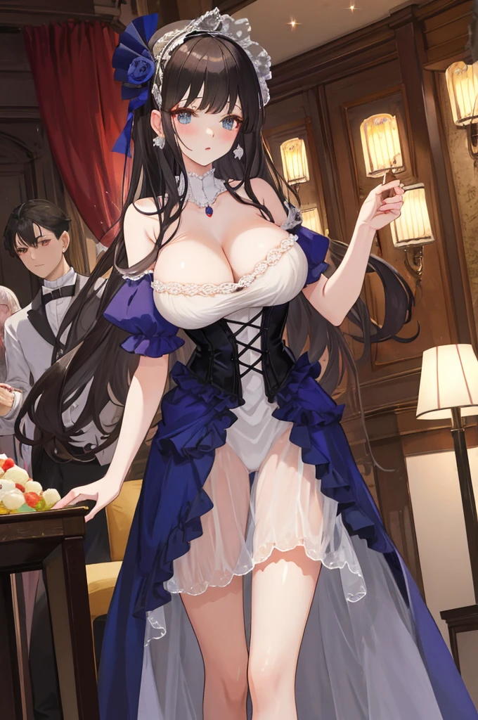 A woman with big ，Young princess，victorian style，clavicle，Lower chest，Transparent nightdress，((shaved_pussy))，Confused，at the banquet，