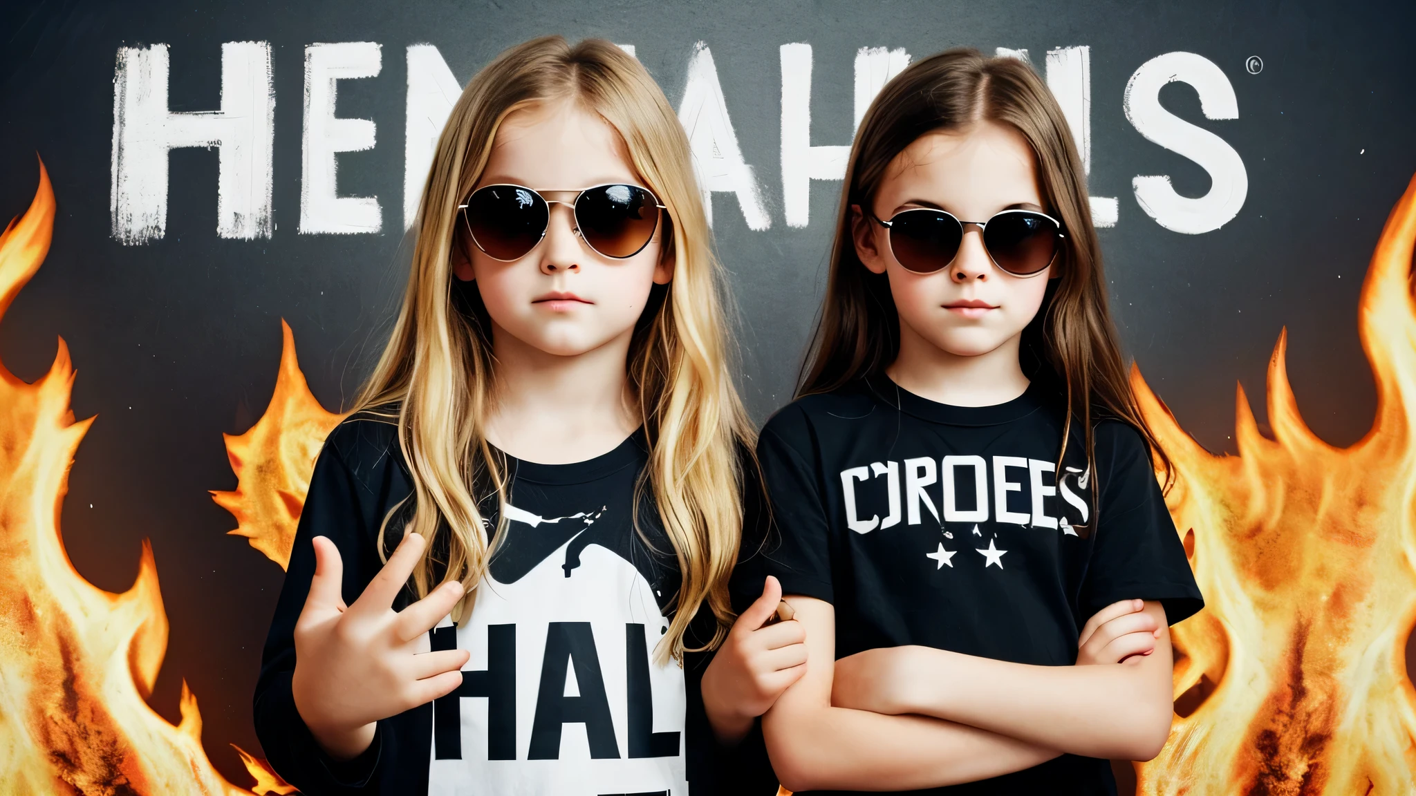 image of a kids girls blonde with sunglasses and a sign, halo on fire, heavy metal band promo,
