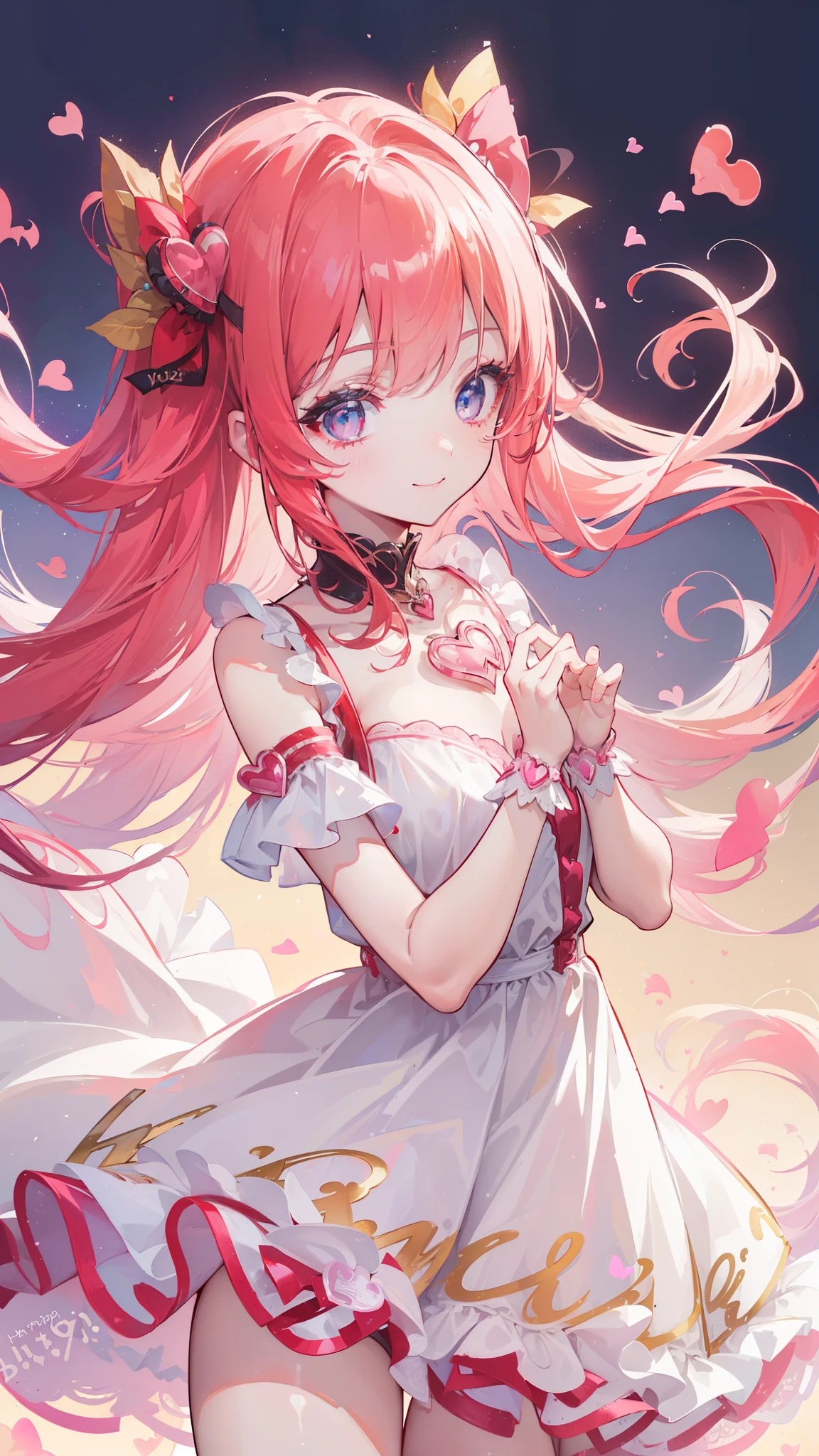 (((32k))), (16k), (8k), (4k), (((32k heart background))), (((Pretty girl))), (((cute girl))), (beautiful quality eyes), (cute smile), (((dress))), (((valentineday))),