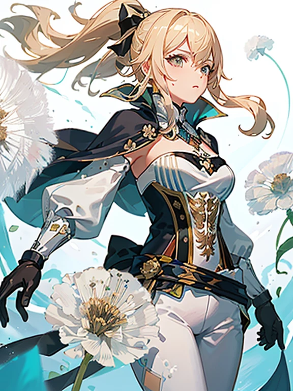 ((obra maestra,Mejor calidad)),(espacio negativo:1.4),(1 chica, Solo:1.4),hermosos ojos detallados, cabello rubio flotante, senos,pelo largo, dandelion flowers around, lion, Fondo blanco