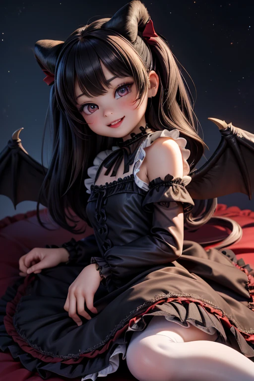 Ultra-realistic 8k CG, masterpiece, best quality, (photorealistic:1.4), absurdres, extremely detailed, real hair, life-like, horror scene, dark setting, cute girl smiling, red lipstick, red smokey eyes make up, showing fang, black hair, (((sheer dress))), ((white nylons)), black (((Lolita pumps))), tail, black wings, devil horns, looking at viewer, lying in front of viewer, night sky