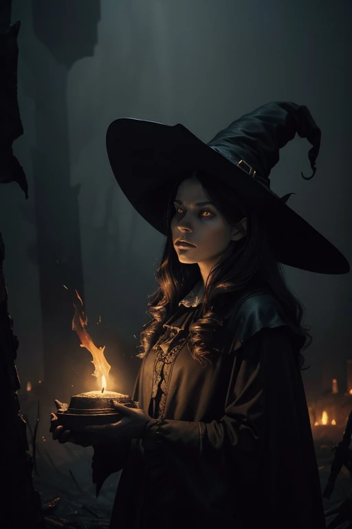 dramatic lighting, otherworld, best quality, oil painting, gloomy, ((terrifying, ominous, eerie, intense, by Francisco de Goya)), fog, epic art, ((witch burning)), crowd, medieval, (salem witch), huge single gaping demonic eye staring at you, mystical, gorgeus triadic color scheme, deep shadows and brilliant highlights, atmospheric,