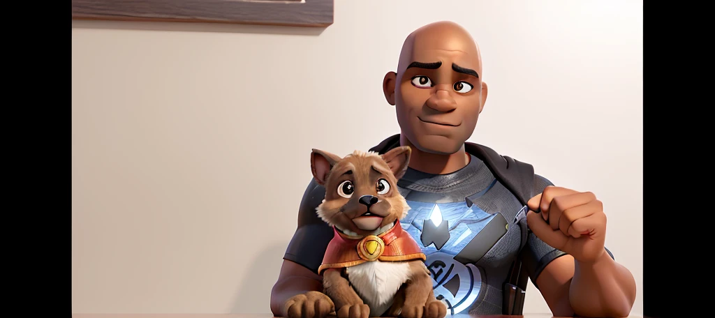 dark-skinned, bald man with a black shirt with Batman symbol and a light brown pincher dog wearing Wonder Woman's outfit