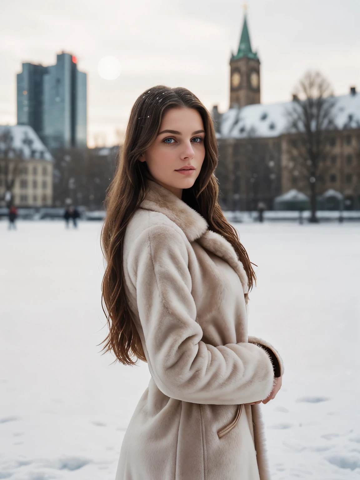 A captivating portrait of a gorgeous young woman with long brunette hair with blonde highlights, approximately 23 years old, wearing a fur coat, standing in the historic center of Frankfurt, Germany during a winter snowfall. The woman is radiating elegance and grace as she gazes out at the vast expanse of the Frankfurt skyline, her dark blue eyes sparkling with intrigue. Her long, flowing hair cascades down her shoulders, framing her face like a golden halo. The snowflakes gently fall around her, creating a magical winter wonderland. Her fur coat is warm and stylish, perfectly complementing her elegant appearance. Her ample bosom is tastefully displayed, adding a touch of sensuality to the image. The background is an awe-inspiring panorama of the Frankfurt skyline, with the Dom, the Römerberg, and the skyscrapers of the financial metropolis, all bathed in the soft glow of the winter sun. The image is captured in breathtaking high resolution, showcasing every detail of the woman's flawless skin, the delicate strands of her hair, the intricate patterns of her fur coat, and the captivating winter scenery. The scene exudes a captivating cinematic quality, transporting the viewer into a world of timeless beauty and charm.
