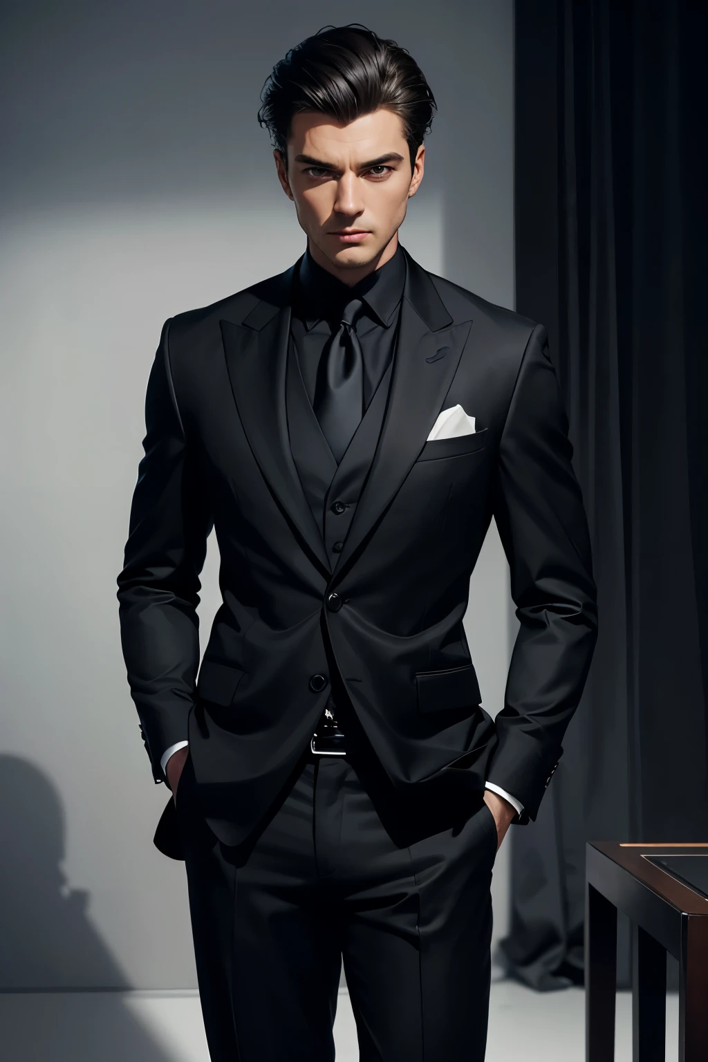 In this masterpiece, a professional portrait of a sleek and charismatic figure in a black suit is showcased in the best quality, high resolution, and ultra-detailed sharp focus. The fabric of the suit is extremely detailed, displaying crisp and clean lines that gleam under studio lighting. The vivid colors of the suit are brought to life with subtle shadows adding depth and dimension. A close-up shot allows for a fitted and tailored silhouette, emphasizing the stylish and elegant look of the figure. With a confident and charismatic expression, the enigmatic figure exudes an air of authority against a smoky background.