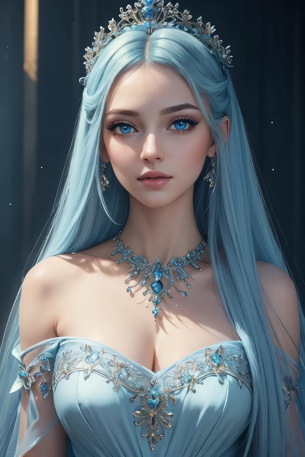 true masterpiece, a beautiful gorgeous fairy woman, light blue long hair, light blue eyes, symmetrical eyes, detailed eyes, high quality eyes, light blue dress, perfect face, light blue eyeshadow on her eyes, eyeliner, very long beautiful eyelashes, light blue necklacke, light blue tiara on her head, high quality face, realistic, photorealistic, shiny skin, (masterpiece:1.5), concept art, intricate details, highly detailed, octane render, 8k, unreal engine, dynamic pose, best quality, highres, pale skin, beautiful makeup, stunning beauty, very long eyelashes, 32k, high dynamic range, ultra realistic, highly detailed, high definition, extraordinary, stunning, beautiful, serene, normal proportions, perfect anatomy, realistic face, realistic eyes, highly detailed face, highly detailed body, high details, intricate clothing, glowing shadows, beautiful gradient, depth of field, clean image, extremely detailed face, highly detailed background, perfection, dreamy, gentle face, flowing, bright, bright background, sparkles in background, rays of light, plump lips, dazzling eyes, foreground, top of her dress is visible