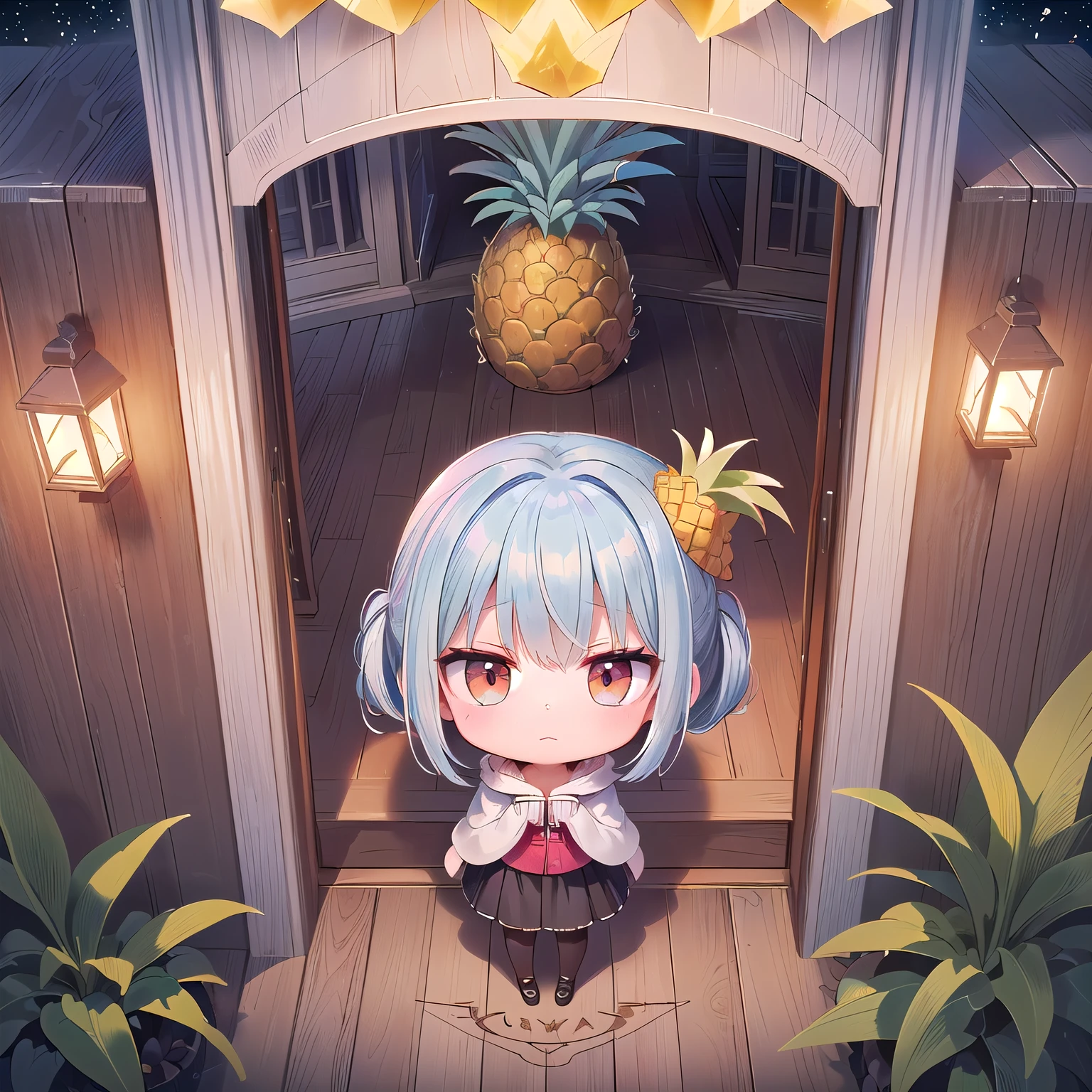 (Chibi,Pineapple, 1 girl: 1.5), (Masterpiece, almond-shaped eyes, glossy white-blue hair, short chignon hair, top quality, meticulously drawn limbs Fingertips, smooth and beautiful skin,beautiful anatomy,slim,warm clothes,warm hood, celeb life style,long skirt,black tights,from above,full body: 1.4), (A tasteful painting hand-drawn with colored pencils:1.3),(red cheeks,Indifferent, expressionless,front view: 1.2), (holy,night,Hair blowing in the wind:1.3),(stone balcony,sit,Foliage plant,Rest on your chin and look at the night view,magic mirror, labyrinth,pineapple building,wood chair:1.3)