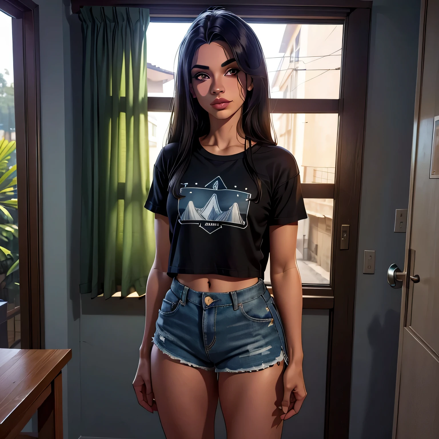 (melhor qualidade, realista), 19 anos , olhos detalhados, Detailed lips, cabelo preto, camiseta e shorts, escola, standing ,ambiente aconchegante, soft lighting, Ambiente tranquilo, vista corpo todo, seios pequenos
