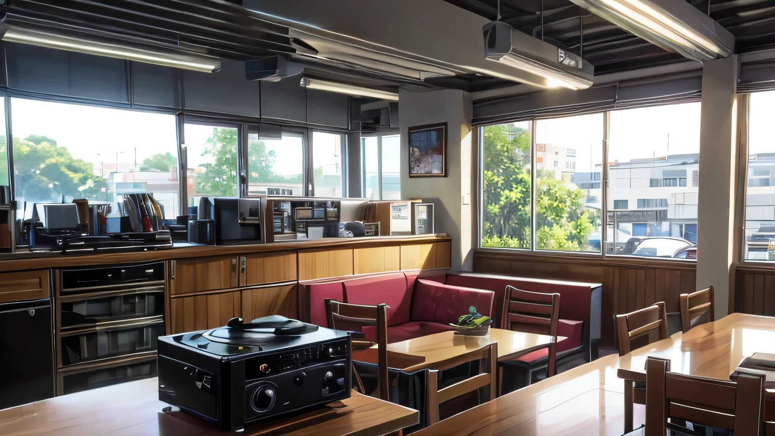 Um personagem visita uma cafeteria aconchegante em um ambiente aberto, com luzes suaves, a record player playing Lo-fi music, enquanto ele se perde em seus pensamentos e rabiscos em um caderno.