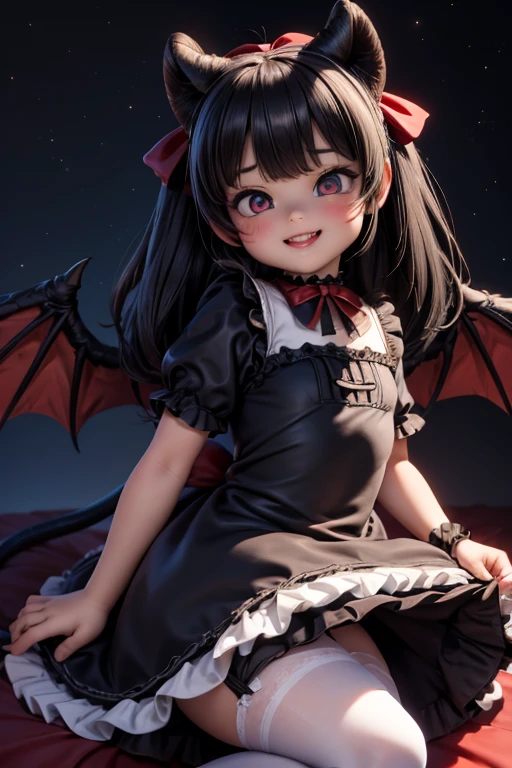 Ultra-realistic 8k CG, masterpiece, best quality, (photorealistic:1.4), absurdres, extremely detailed, real hair, life-like, horror scene, dark setting, cute girl smiling, red lipstick, red smokey eyes make up, showing fang, black hair, hairbow, hair ribbon, hair accesories, (((mini dress))), ((white nylons)), black (((****ta pumps))), tail, black wings, devil horns, looking at viewer, lying in front of viewer, night sky