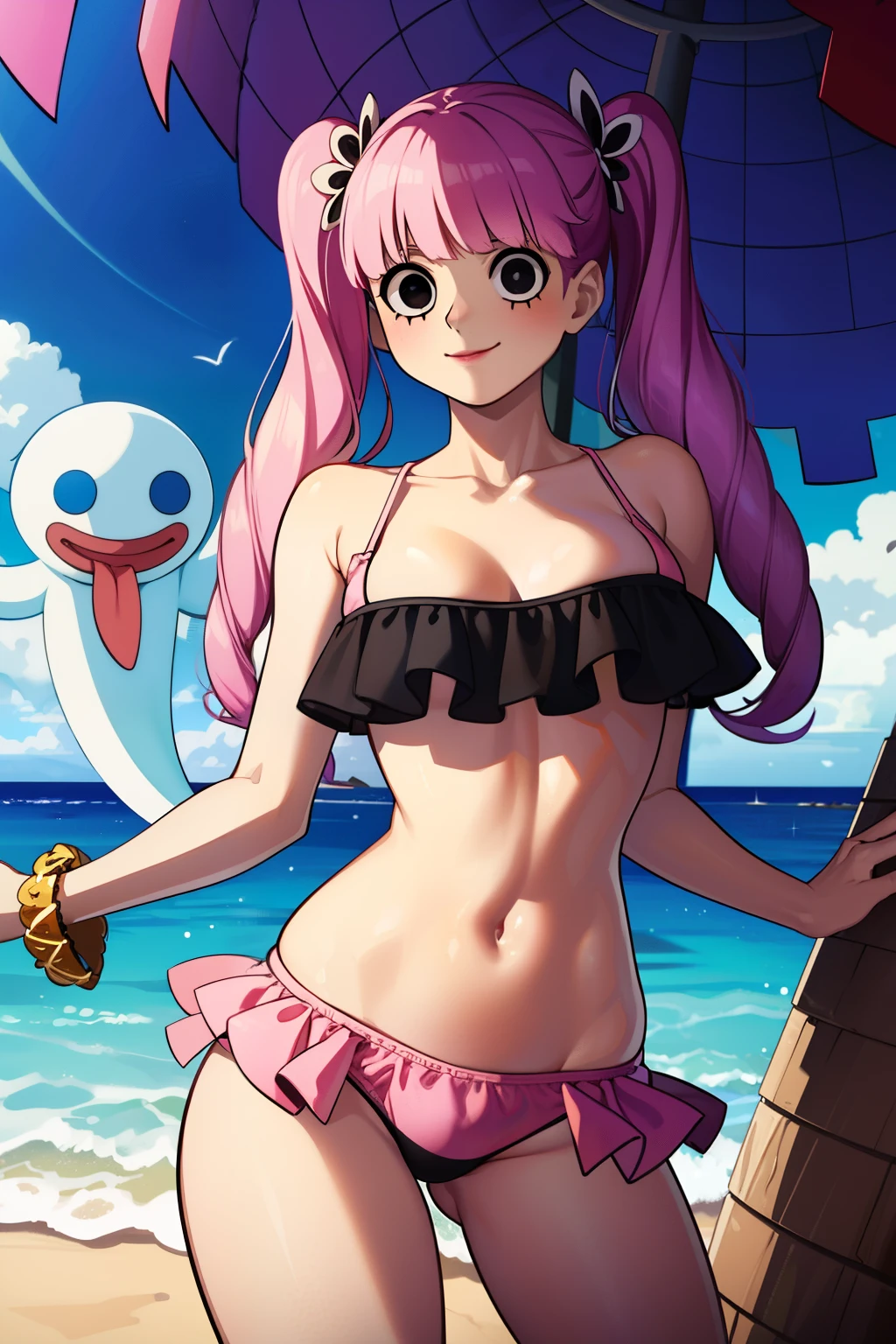 masterpiece, highest quality, 8K, ultra high resolution, highest quality, anime style, best writing, beautiful face, Peronaちゃん, cheems_Perona_V3, pink hair, black eye, long eyelashes, dull bangs, drill hair, red lipstick, twin tails,(Pink ruffled bikini:1.3), (Black frills), perfect anatomy, alone, cowboy shot, (beach:1.2), (Ghost:1.2), smile, beachに座る, (Arizo:1.3)