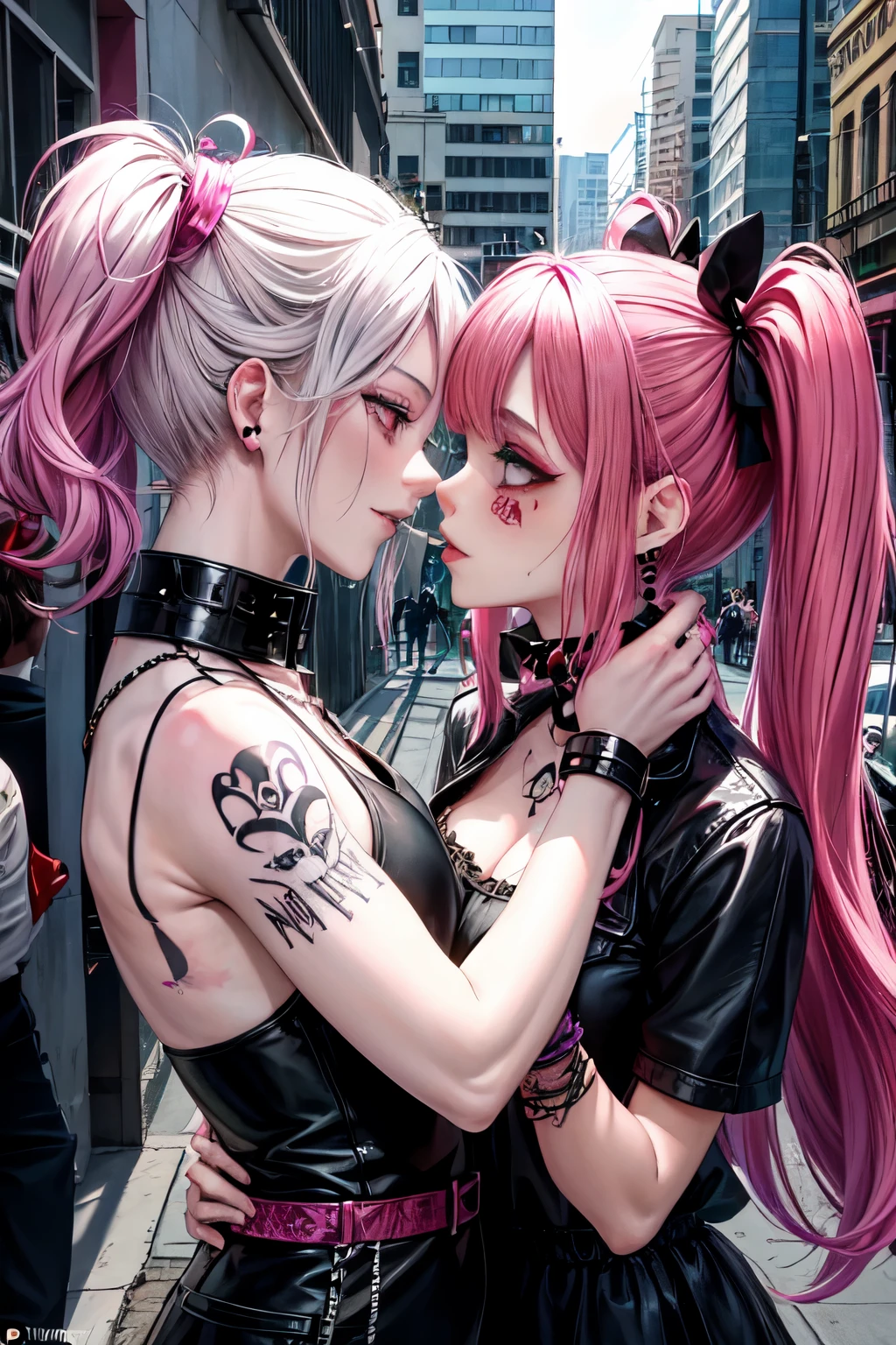 A street graffiti design in a street graffiti style, featuring a yami kawaii makeup, a goth makeup, a love, and a graffiti of 'I Love You'. The design is a scene of two people kissing passionately, with their faces partially hidden by their hair. One person has a yami kawaii makeup, with a pink and black wig, a band-aid, and a blood-stained collar. The other person has a goth makeup, with a black and purple wig, a piercing, and a leather collar. They both have a tattoo of a skull on their arms. The background is a city street, with the words 'I Love You' written in graffiti letters on the side.