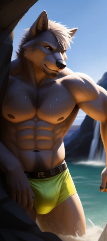 a mature daddy, wolf, light-colored hair, crew cut, stubble, beautiful nature scenery, muscular, standing in the water under the waterfall, wet body, speedo, Handsome face, eyes with brightness, The man looks confident and determined, upper-body shot, body half in water, short hair, realistic water splashes, Icelandic landscape, Dynamic Angle, volumetric lighting, (Best quality, A high resolution, Photorealistic), Cinematic lighting, Masterpiece, RAW photo, Intricate details, hdr, depth of field