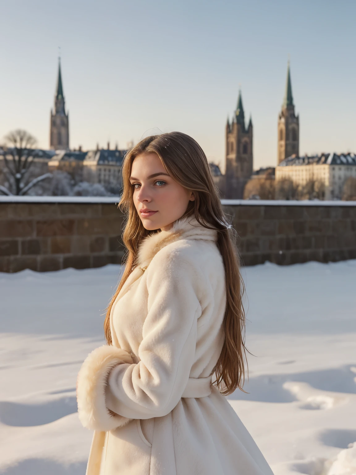 A captivating portrait of a gorgeous young woman with long brunette hair with blonde highlights, approximately 23 years old, wearing a fur coat, standing in the historic center of Frankfurt, Germany during a winter snowfall. The woman is radiating elegance and grace as she gazes out at the vast expanse of the Frankfurt skyline, her dark blue eyes sparkling with intrigue. Her long, flowing hair cascades down her shoulders, framing her face like a golden halo. The snowflakes gently fall around her, creating a magical winter wonderland. Her fur coat is warm and stylish, perfectly complementing her elegant appearance. Her ample bosom is tastefully displayed, adding a touch of sensuality to the image. The background is an awe-inspiring panorama of the Frankfurt skyline, with the Dom, the Römerberg, and the skyscrapers of the financial metropolis, all bathed in the soft glow of the winter sun. The image is captured in breathtaking high resolution, showcasing every detail of the woman's flawless skin, the delicate strands of her hair, the intricate patterns of her fur coat, and the captivating winter scenery. The scene exudes a captivating cinematic quality, transporting the viewer into a world of timeless beauty and charm.