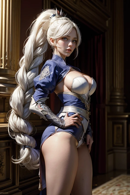 masterpiece, (standing:1.1), dynamic pose, heart shaped face, elegant face, beautiful face, highly detailed face, highly detailed skin, skin pores, subsurface scattering, realistic pupils, looking at viewer, full lips, depth of field, sharp focus, absurdres, realistic proportions, good anatomy, (realistic, hyperrealistic:1.4), 16k hdr, weiss schnee, long white hair, side ponytail, standing in palace, suits of armor on display, crowds