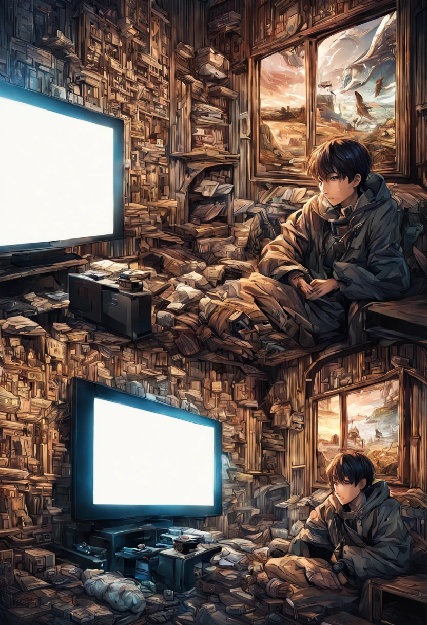 1boy, manga kpop boy playing playstation, Detailed underground burrow made of earthy tones, intricate features, immaculate surrounds and details, interesting colors, facing the television, intricate details, HDR, beautifully shot, hyperrealistic, sharp focus,  megapixels, perfect composition, high contrast, cinematic, atmospheric, moody