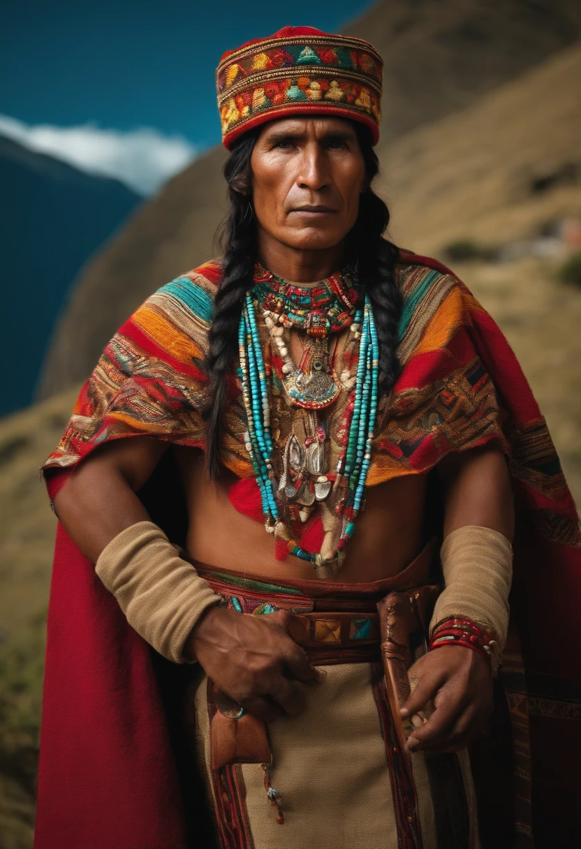 Peruvian Inca full body looking at camera, preparado para tener una pelea de box.