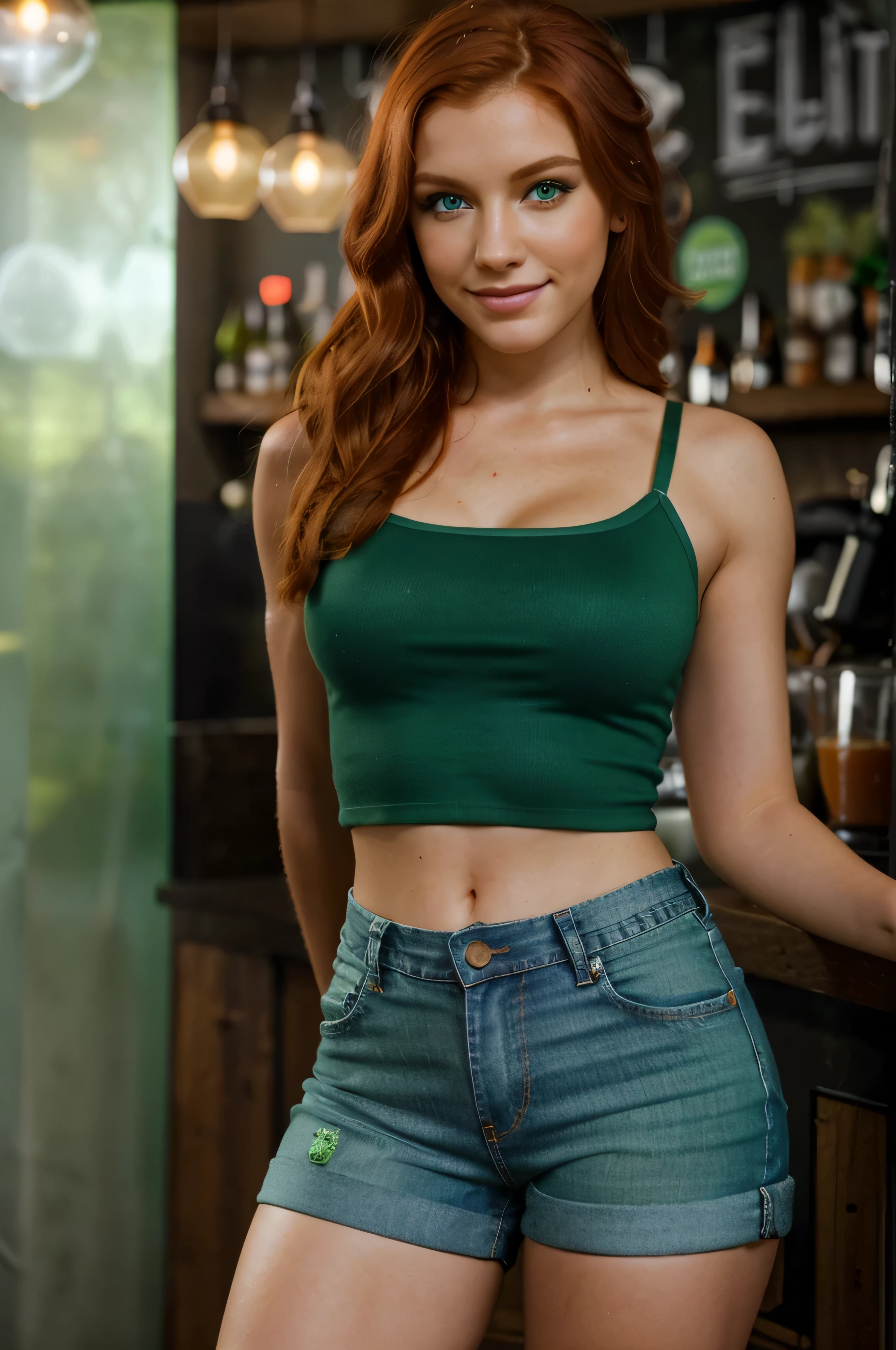 Photorealistic beautiful barista, Detailed face, ginger hair, smile, green eyes , jeans tight shorts, perfect makeup, inside a disco-pub, Detailed background, Perfect Lighting, depth of fields, Beautiful shadow gradient,