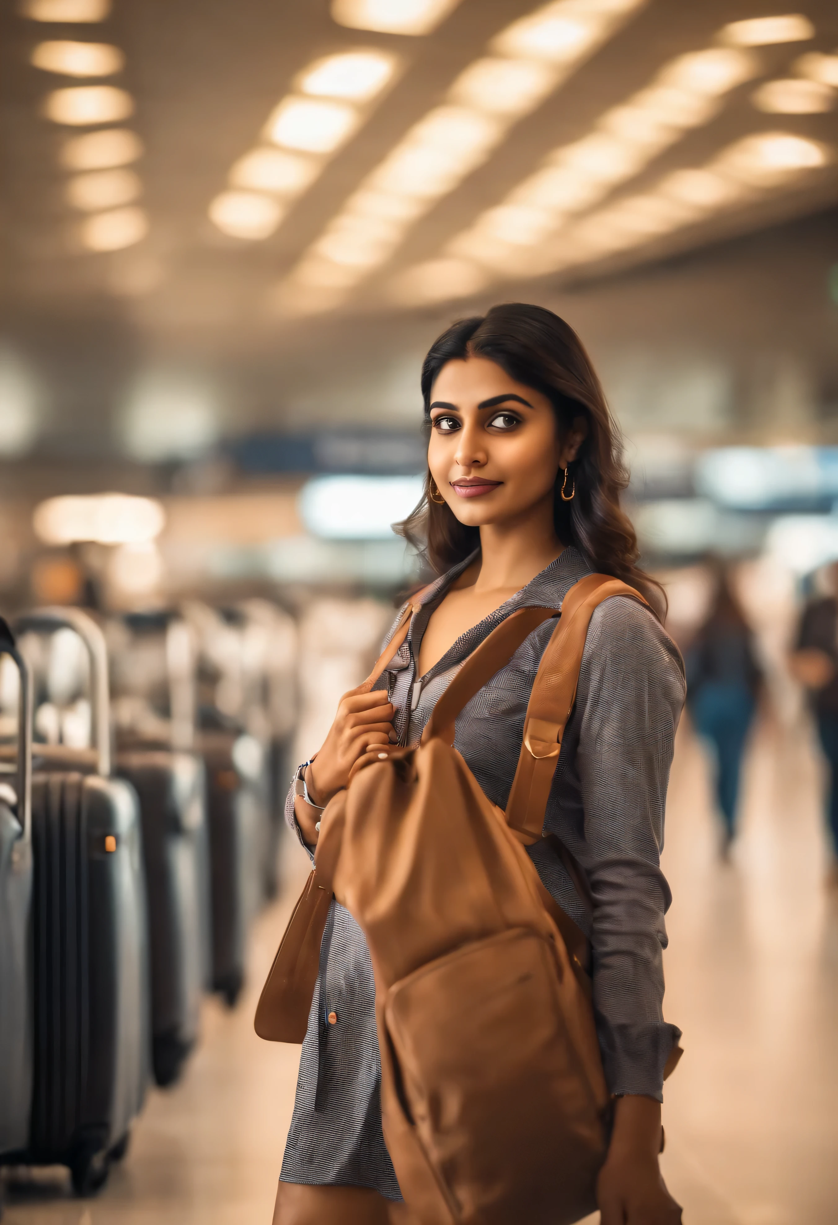 Indian girl Traveler, earphone, travelling baggage Following lines at check-in, security, and boarding. Girl dressed in modern outfit, background airport, high angle full body shot, realism, realistic, depth of field, cinematic style, real skin texture rendering, bokeh and light leak effect.