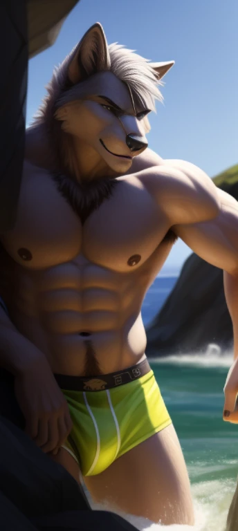 a mature daddy, wolf, light-colored hair, crew cut, stubble, beautiful nature scenery, muscular, standing in the water under the waterfall, wet body, speedo, Handsome face, eyes with brightness, The man looks confident and determined, upper-body shot, body half in water, short hair, realistic water splashes, Icelandic landscape, Dynamic Angle, volumetric lighting, (Best quality, A high resolution, Photorealistic), Cinematic lighting, Masterpiece, RAW photo, Intricate details, hdr, depth of field