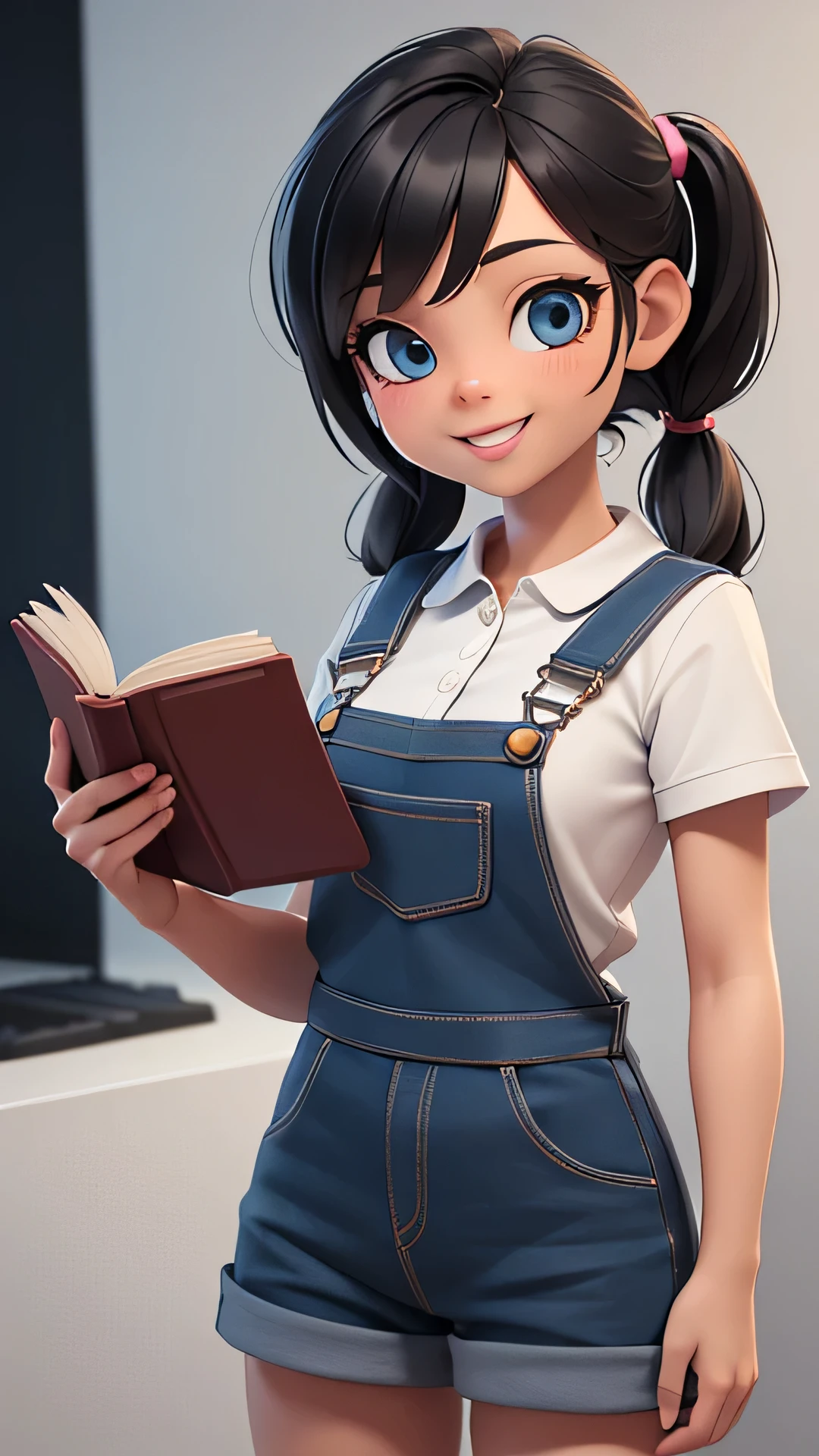 (melhor qualidade,3D rendering,estilo de desenho animado,ultra-detalhado,realista), girl in overalls and braids,sorriso largo, lindos olhos detalhados,sorrisos felizes,segurando o livro,cores vibrantes,fundo branco,soft lighting,atmosfera sonhadora,Stand,studio setup