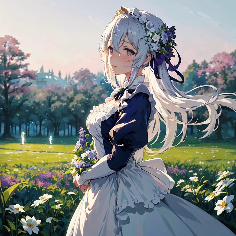 anime girl in a white dress standing in a field of flowers,  in dress, a maid in a magical forest, anime girl in a maid costume, cute anime waifu in a nice dress, beautiful maiden, violet evergarden, guweiz, guweiz on pixiv artstation, anime visual of a cute girl, beautiful anime portrait