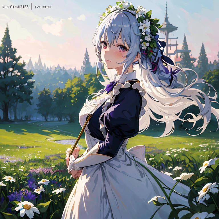 anime girl in a white dress standing in a field of flowers,  in dress, a maid in a magical forest, anime girl in a maid costume, cute anime waifu in a nice dress, beautiful maiden, violet evergarden, guweiz, guweiz on pixiv artstation, anime visual of a cute girl, beautiful anime portrait