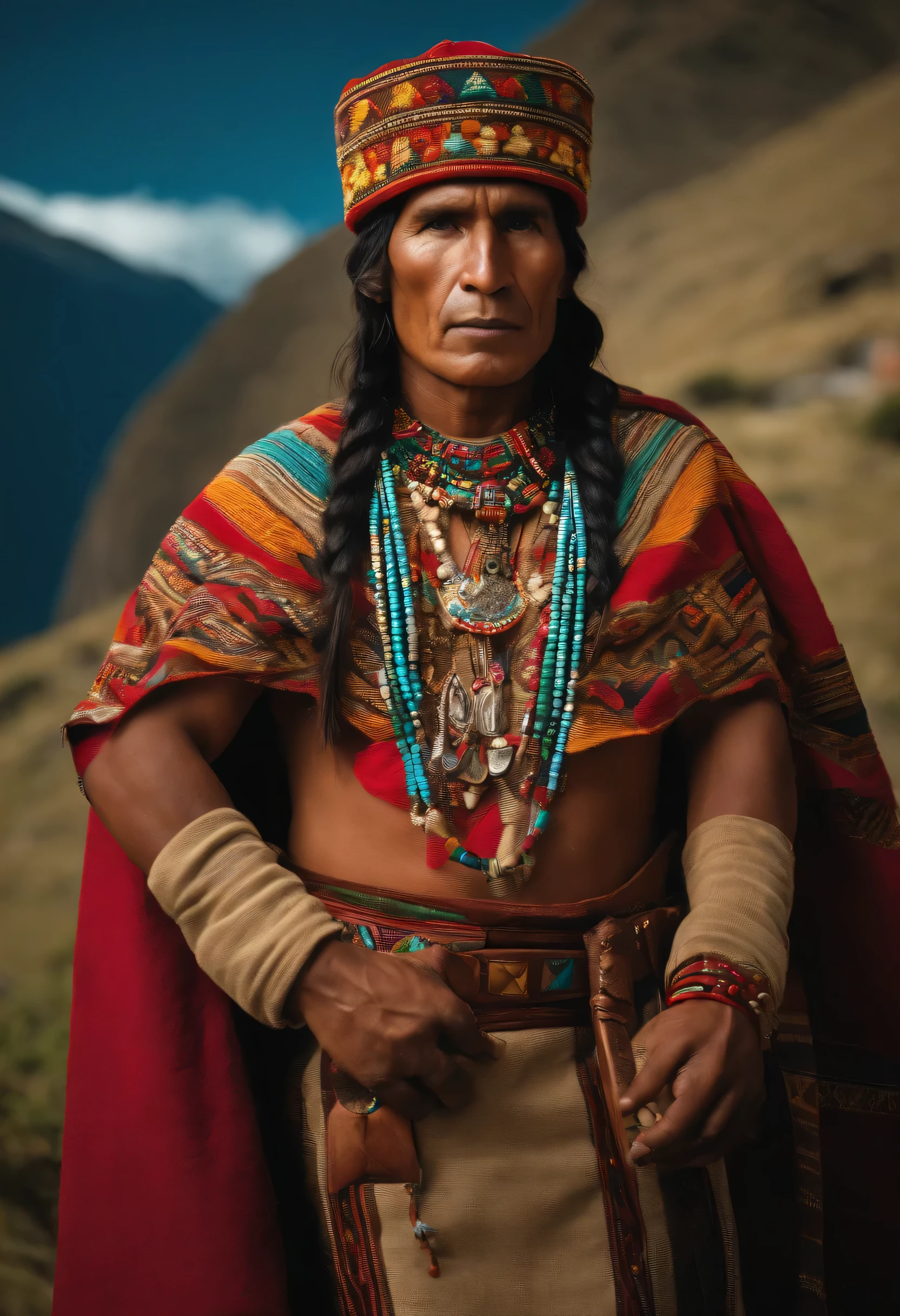Peruvian Inca full body looking at camera, preparado para tener una pelea de box.