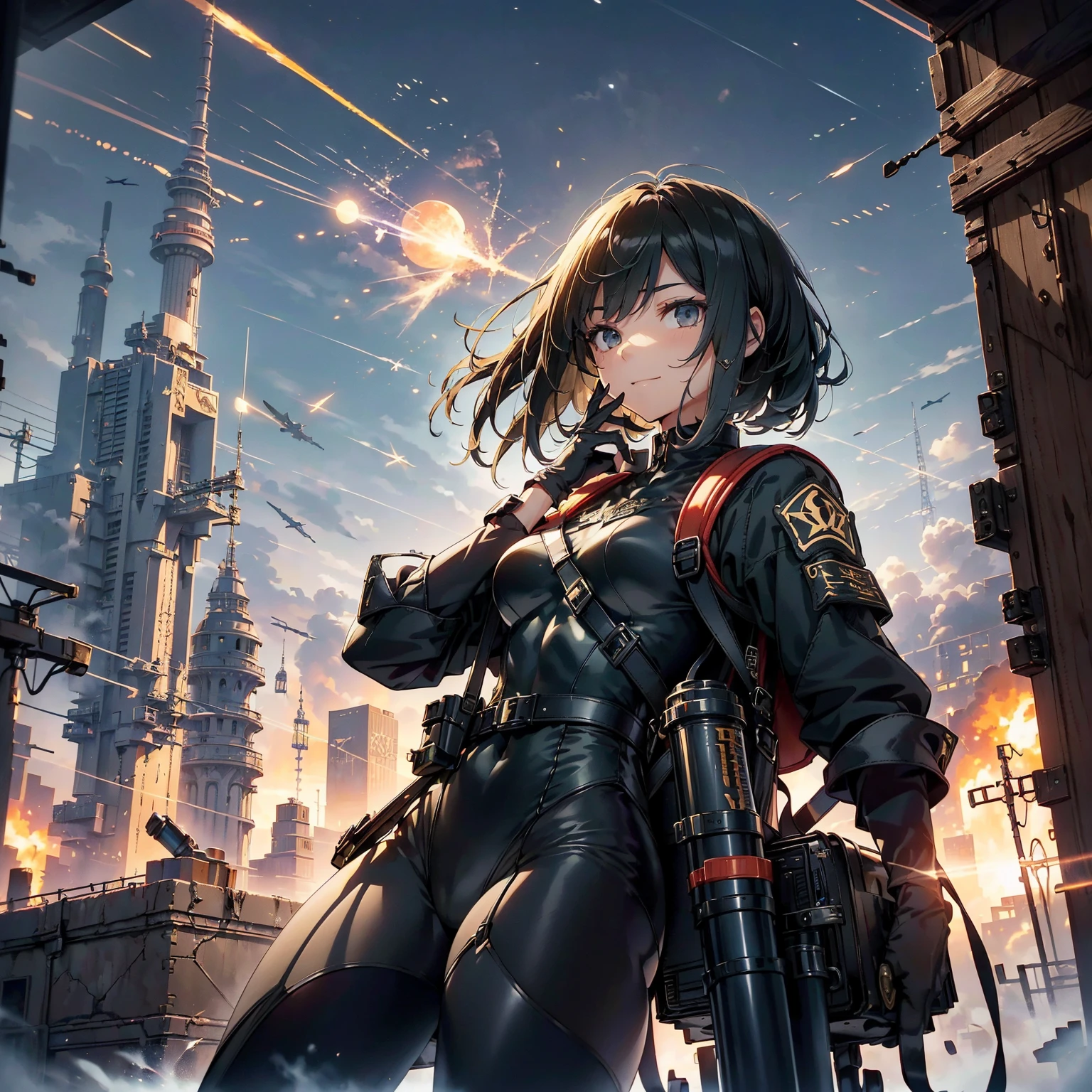 (highest quality,T Masterpiece,final solution,whole body):(24 year old female fighter,Slender、small face、Black Super Short Hair、Shiny black tight combat uniform,Glossy tight suit,dynamic angle、dynamic action、(dynamic pose:1.2)、normal posture,normal posture、Gentle smile、Backpack)、(Time Machine、Computer、skyscraper gun、weapons of the future、(Backpack:1.1)、Real World、Plankton rattle field、volumetric fog、gray fog、cigarette、 explosion、apocalyptic、destroyed city background、burning building:1.3、splash of water、starry ski、huge moon、Earth、destroyed giant robot、radio tower、airplane flying overhead、shooting star rocket truck、broken car、derailed train、tank、giant weapon、electronic equipment、Luminous mechanism)