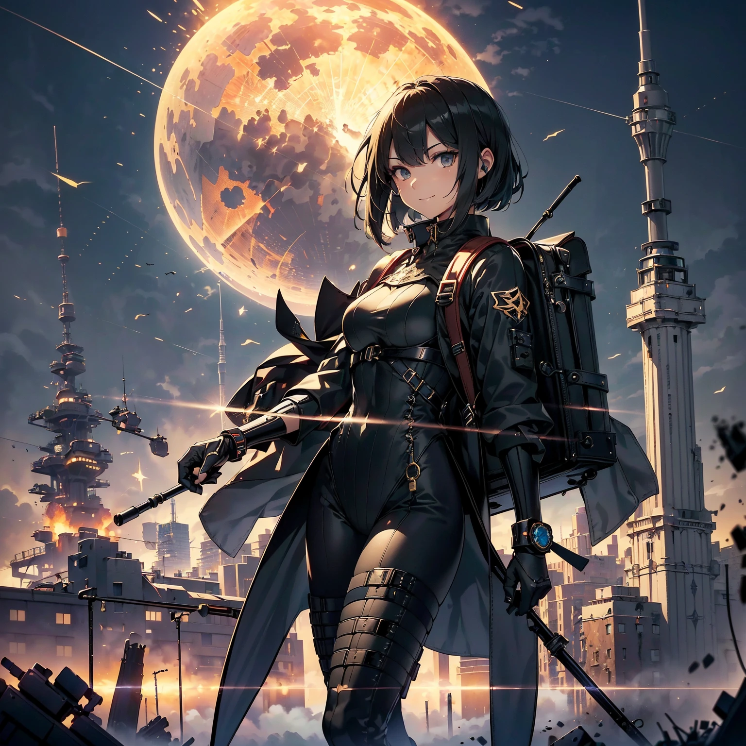 (highest quality，T Masterpiece，final solution，whole body):(24 year old female fighter，Slender、small face、Black Super Short Hair、Shiny black tight combat uniform，Glossy tight suit，dynamic angle、dynamic action、(dynamic pose:1.2)、normal posture，normal posture、Gentle smile、Backpack)、(Time Machine、Computer、skyscraper gun、weapons of the future、(Backpack:1.1)、Real World、Plankton rattle field、volumetric fog、gray fog、cigarette、 explosion、apocalyptic、destroyed city background、burning building:1.3、splash of water、starry ski、huge moon、Earth、destroyed giant robot、radio tower、airplane flying overhead、shooting star rocket truck、broken car、derailed train、tank、giant weapon、electronic equipment、Luminous mechanism)