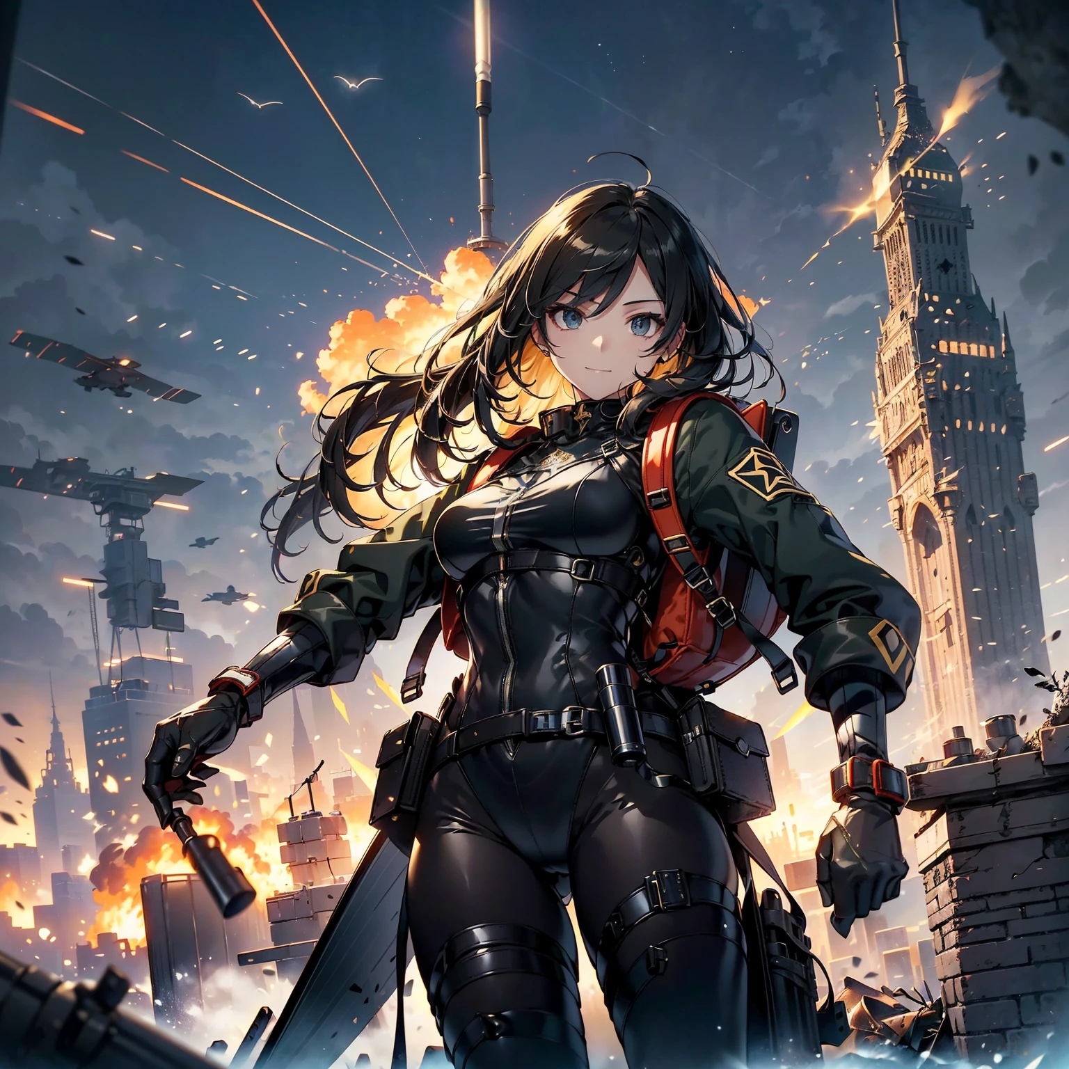 (highest quality，T Masterpiece，final solution，whole body):(24 year old female fighter，Slender、small face、Black Super Short Hair、Shiny black tight combat uniform，Glossy tight suit，dynamic angle、dynamic action、(dynamic pose:1.2)、normal posture，normal posture、Gentle smile、Backpack)、(Time Machine、Computer、skyscraper gun、weapons of the future、(Backpack:1.1)、Real World、Plankton rattle field、volumetric fog、gray fog、cigarette、 explosion、apocalyptic、destroyed city background、burning building:1.3、splash of water、starry ski、huge moon、Earth、destroyed giant robot、radio tower、airplane flying overhead、shooting star rocket truck、broken car、derailed train、tank、giant weapon、electronic equipment、Luminous mechanism)