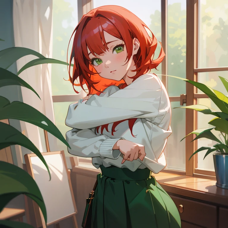 anime girl with red hair and green eyes posing in front of a window, casual pose, painted in anime painter studio, full body portrait of a short!, smooth anime cg art, 🤤 girl portrait, rin, kawaii realistic portrait, digital anime illustration, detailed digital anime art, realistic anime artstyle, made with anime painter studio, cute anime girl