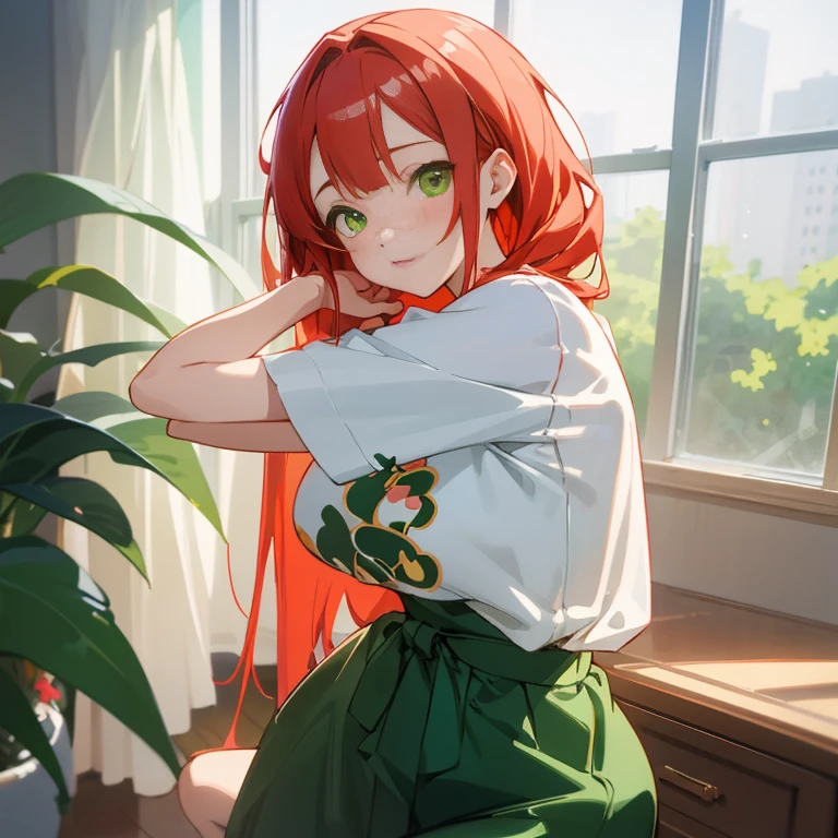 anime girl with red hair and green eyes posing in front of a window, casual pose, painted in anime painter studio, full body portrait of a short!, smooth anime cg art, 🤤 girl portrait, rin, kawaii realistic portrait, digital anime illustration, detailed digital anime art, realistic anime artstyle, made with anime painter studio, cute anime girl