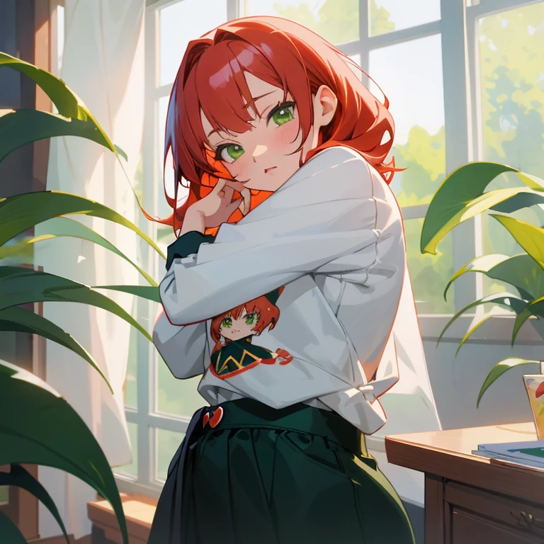 anime girl with red hair and green eyes posing in front of a window, casual pose, painted in anime painter studio, full body portrait of a short!, smooth anime cg art, 🤤 girl portrait, rin, kawaii realistic portrait, digital anime illustration, detailed digital anime art, realistic anime artstyle, made with anime painter studio, cute anime girl