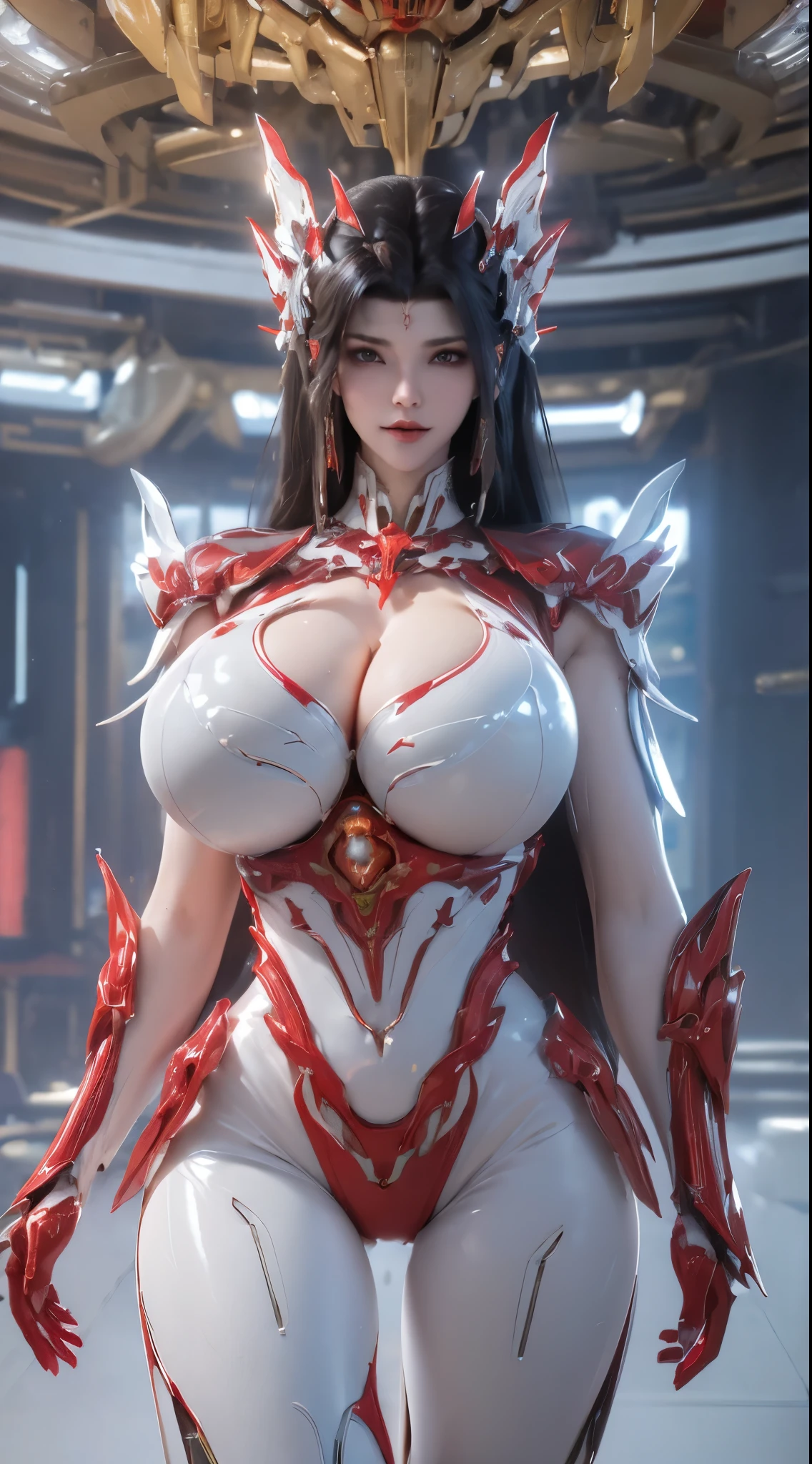 UPPER BODY,CLOSE UP HALF BODY,SOLO,(BEAUTY BLACK HAIRSTYLE,MECHA PHOENIX HELMET), (GIGANTIC DW FAKE BREASTS,CLEAVAGE,MUSCLE ABS:1.5), ((WEAR RED,WHITE SHINY MODERN FUTURISTIC MECHA SKINTIGHT BIKINI:1.5)),(NSFW MUSCULAR BODY MATURE WOMAN:1.5), (SWEATY GLOSSY BODY:1.5), (LOOKING AT VIEWER:1.3),(HALLROOM OF FUTURISTIC SPACE STATION:1), (PHOTOREALSITIC:1.4), (ULTRA-DETAILLIERT), (TOP-QUALITY), (BEST SHADOWS), (MASTERPIECE), BRIGHT LIGHT IN ROOM, HYPER TEXTURE, (4X MSAA), ((UNREAL ENGINE 5 RENDER)), PHYSICALLY-BASED RENDERING, ULTRA HIGHT DEFINITION, 16K, 1080P.